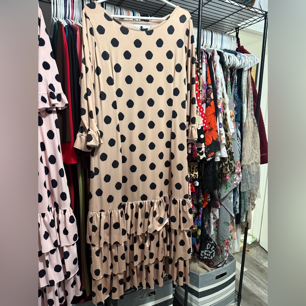 Dainty Jewells Beige Polka Dot Long Sleeve Ruffle Hem Dress